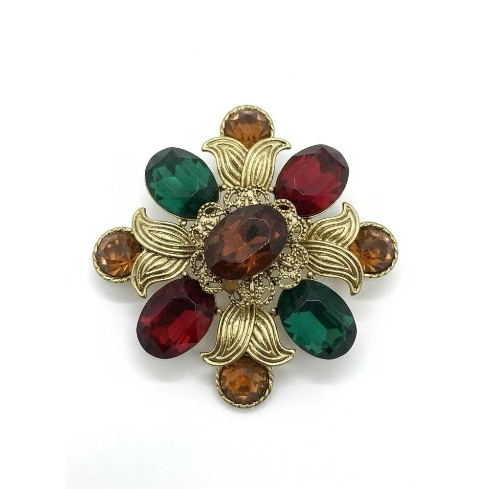 Large Gold Tone Floral Brooch - Multi-Color Faux Gemstone Pin Costume Jewelry